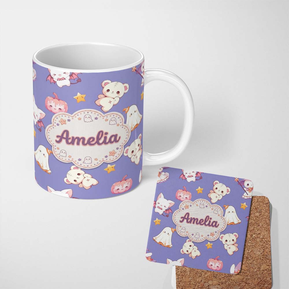 Personalized Custom Name Cute Halloween Bunny Witch Teddy Pumpkin Seamless Pattern Purple 11oz Ceramic Coffee Tea Mug White Large Handle
