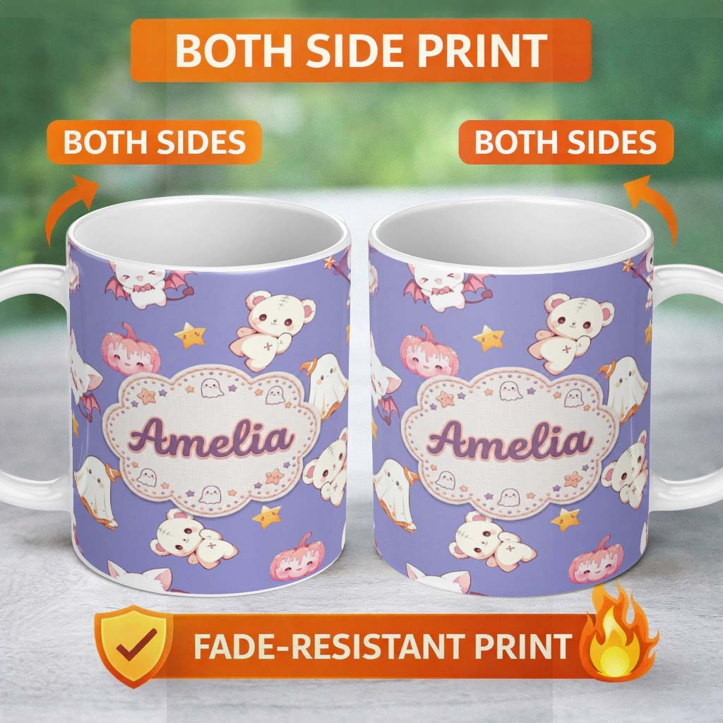 Personalized Custom Name Cute Halloween Bunny Witch Teddy Pumpkin Seamless Pattern Purple 11oz Ceramic Coffee Tea Mug White Large Handle