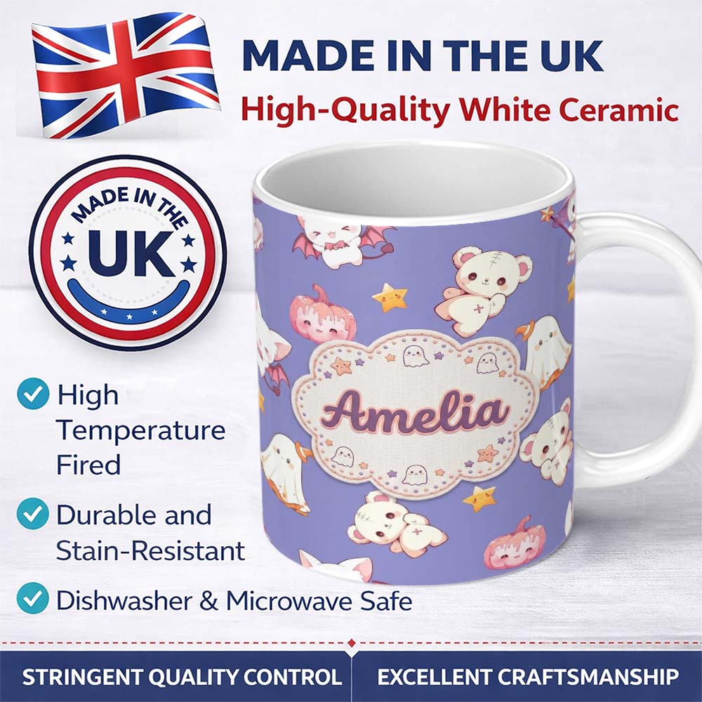 Personalized Custom Name Cute Halloween Bunny Witch Teddy Pumpkin Seamless Pattern Purple 11oz Ceramic Coffee Tea Mug White Large Handle