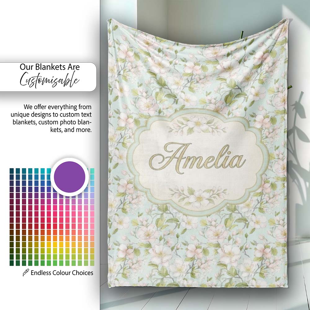 Delicate Cherry Blossom Pastel Floral Seamless Pattern Lovely Personalised Custom Name Super Soft Fleece Blanket Bed Sofa Throw