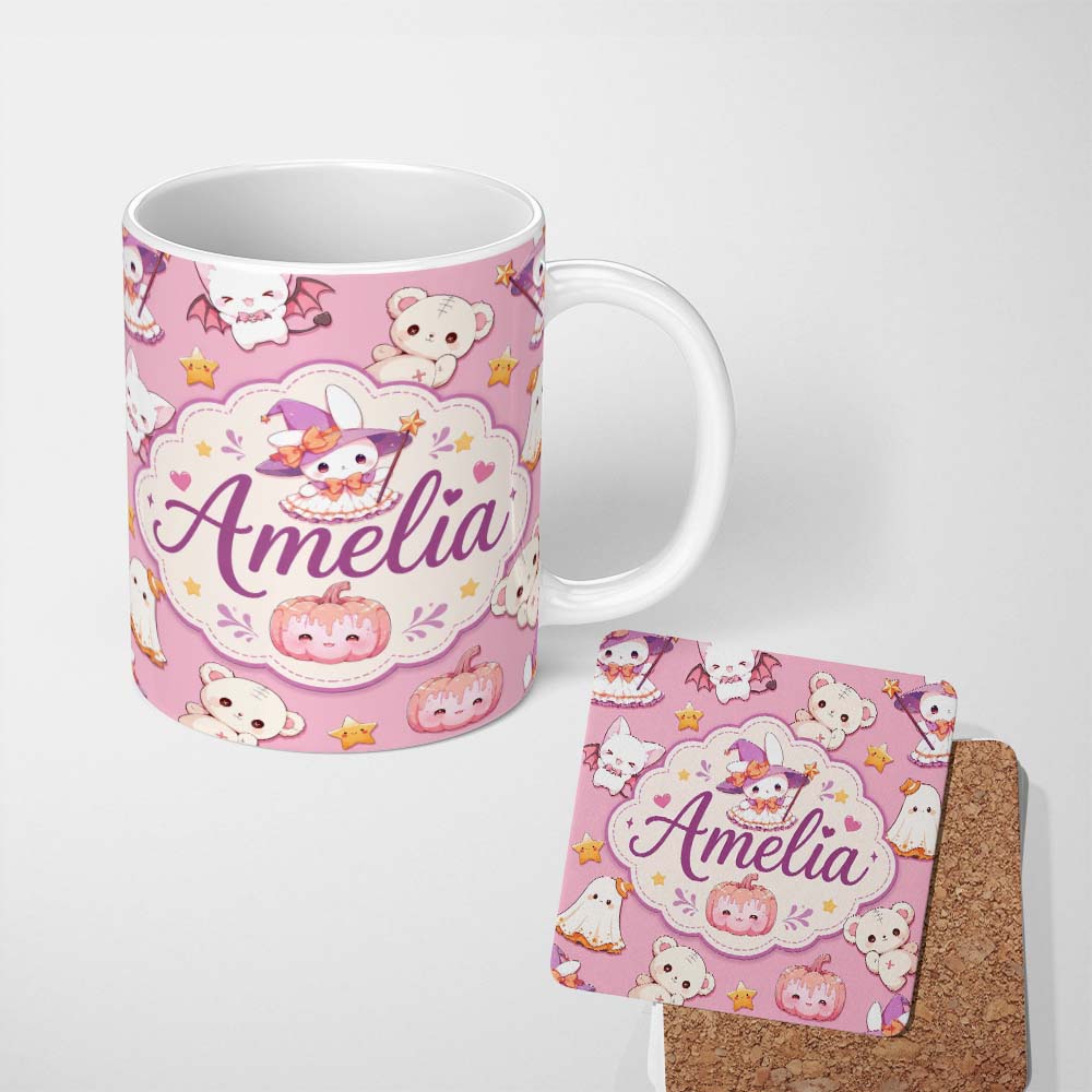 Personalized Custom Name Cute Halloween Bunny Witch Ghost Teddy Pumpkin Seamless Pattern 11oz Ceramic Coffee Tea Mug White Large Handle