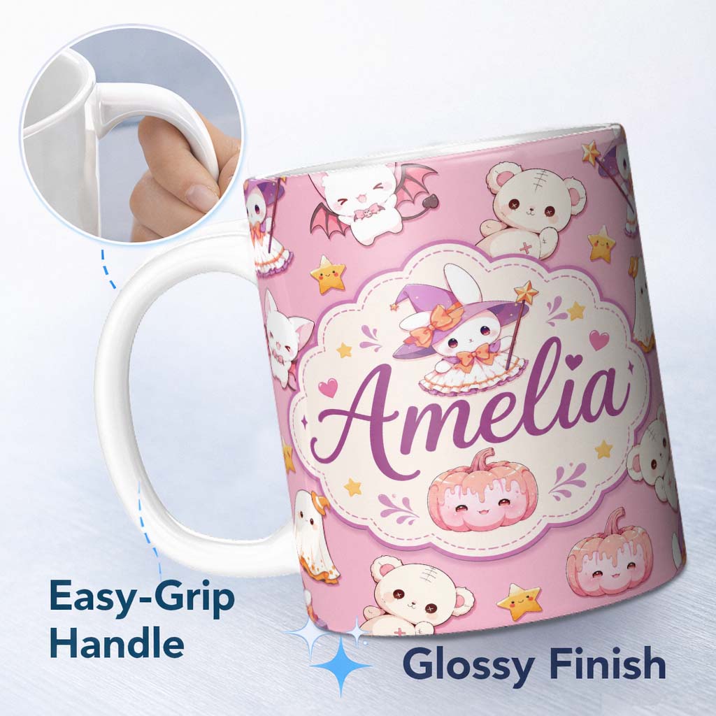 Personalized Custom Name Cute Halloween Bunny Witch Ghost Teddy Pumpkin Seamless Pattern 11oz Ceramic Coffee Tea Mug White Large Handle
