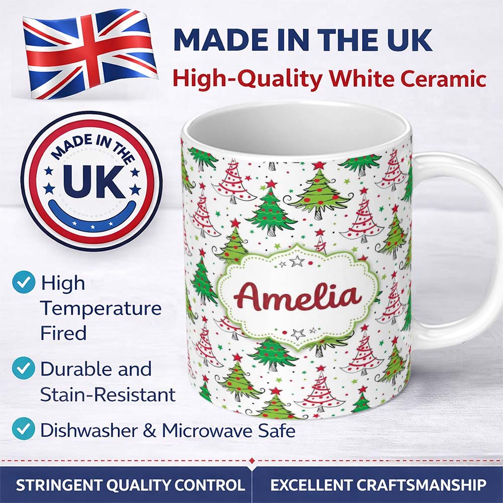 Personalized Custom Name Hand Drawn Christmas Trees with Stars Dots and Swirls Cute Seamless 11oz Ceramic Coffee Tea Mug White Large Handle