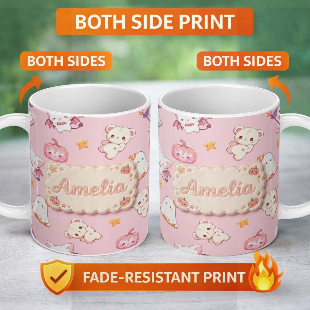 Personalized Custom Name Cute Halloween Bunny Witch Teddy Pumpkin Seamless Pattern Blush 11oz Ceramic Coffee Tea Mug White Large Handle