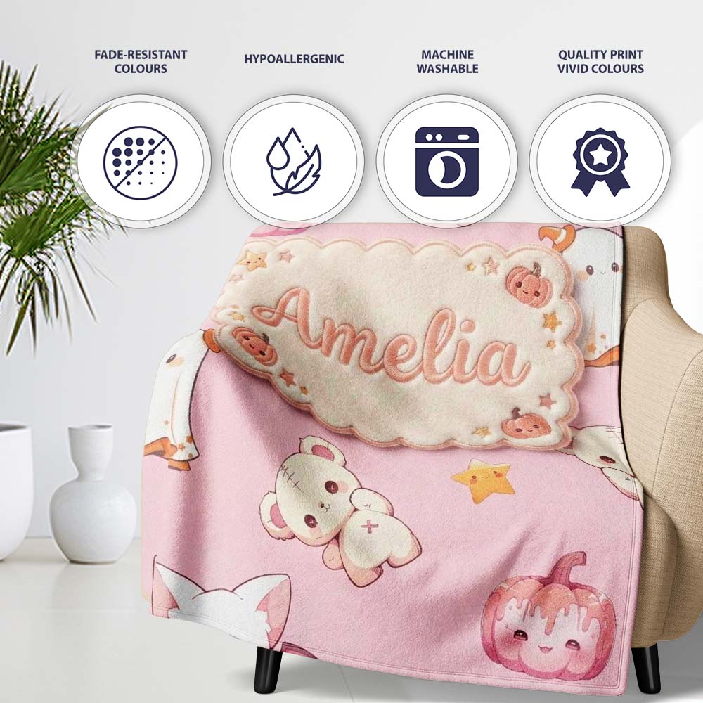 Cute Halloween Bunny Witch Teddy Pumpkin Seamless Pattern Blush Personalised Custom Name Super Soft Fleece Blanket Bed Sofa Throw
