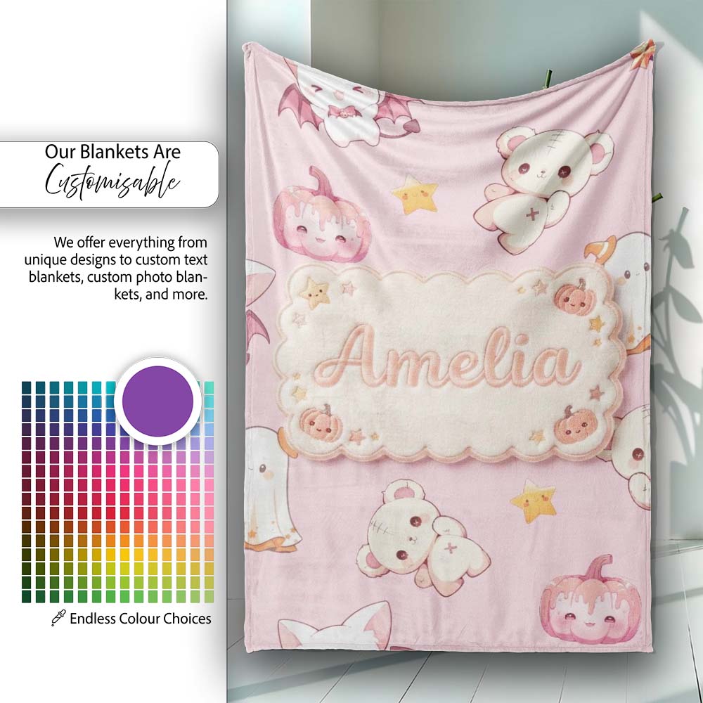 Cute Halloween Bunny Witch Teddy Pumpkin Seamless Pattern Blush Personalised Custom Name Super Soft Fleece Blanket Bed Sofa Throw