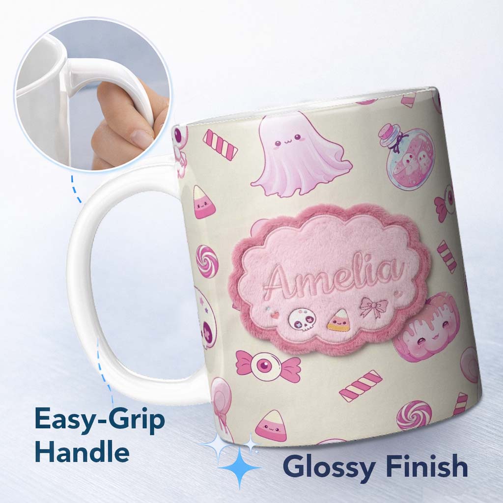 Personalized Custom Name Cute Halloween Bunny Candy Ghost Pumpkin Seamless Pattern Beige 11oz Ceramic Coffee Tea Mug White Large Handle