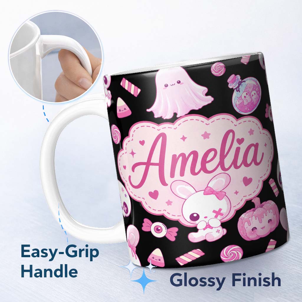 Personalized Custom Name Kawaii Halloween Bunny Ghost Candy Pumpkin Seamless Pattern Black 11oz Ceramic Coffee Tea Mug White Large Handle