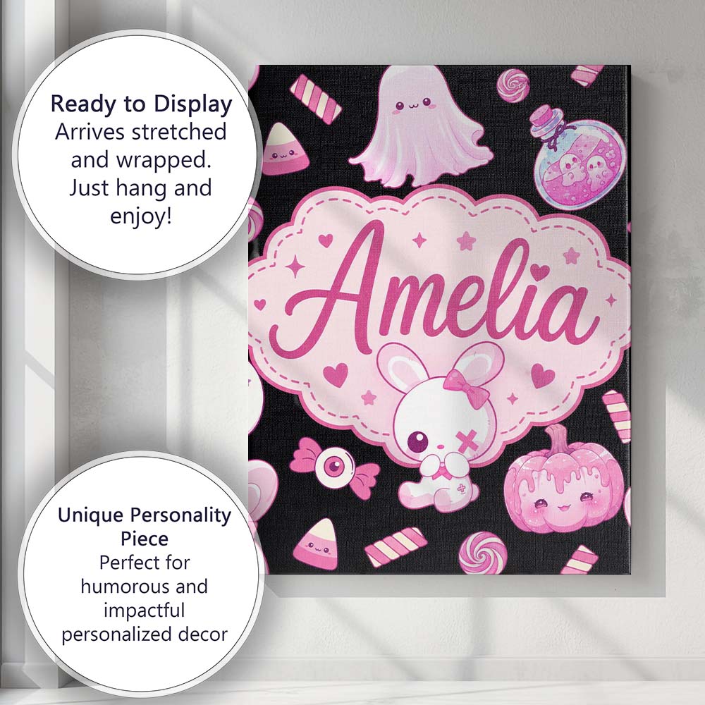Personalised Name Kawaii Halloween Bunny Custom Unique Gift Idea Elegant Feature Canvas Wall Art Print Decor Picture Ready to Hang