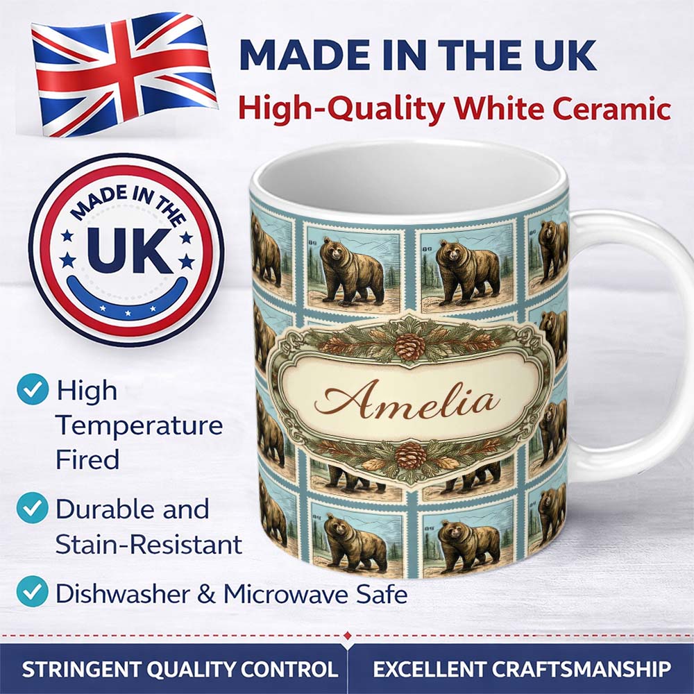 Personalized Custom Name Bear Mountain Circle Seamless Pattern Classic Nature Wildlife Design 11oz Ceramic Coffee Tea Mug White Large Handle
