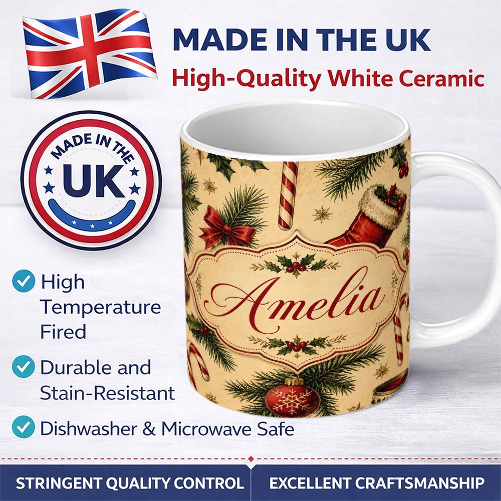 Personalized Custom Name Classic Christmas Stocking Holly Pine Branch Candy Cane Seamless 11oz Ceramic Coffee Tea Mug White Large Handle