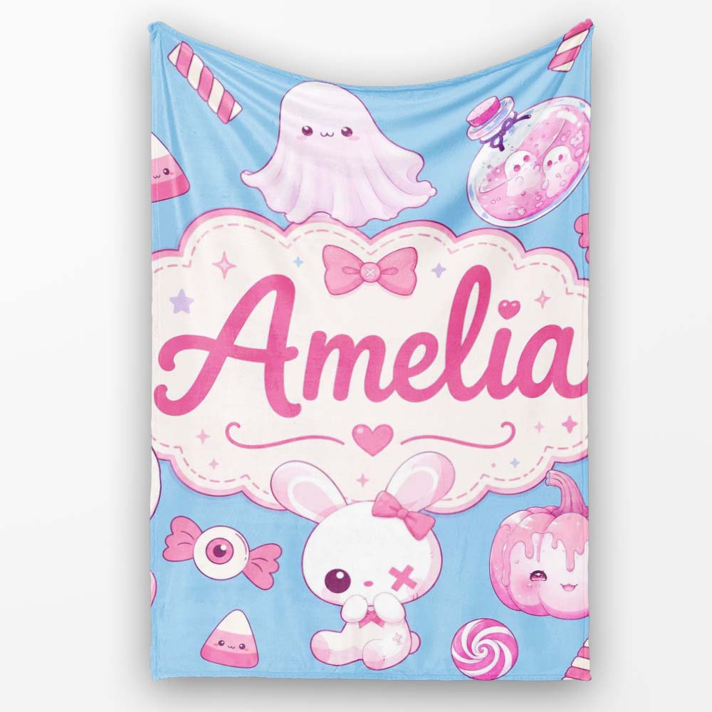 Kawaii Halloween Bunny Ghost Candy Pumpkin Seamless Pattern Blue Personalised Custom Name Super Soft Fleece Blanket Bed Sofa Throw