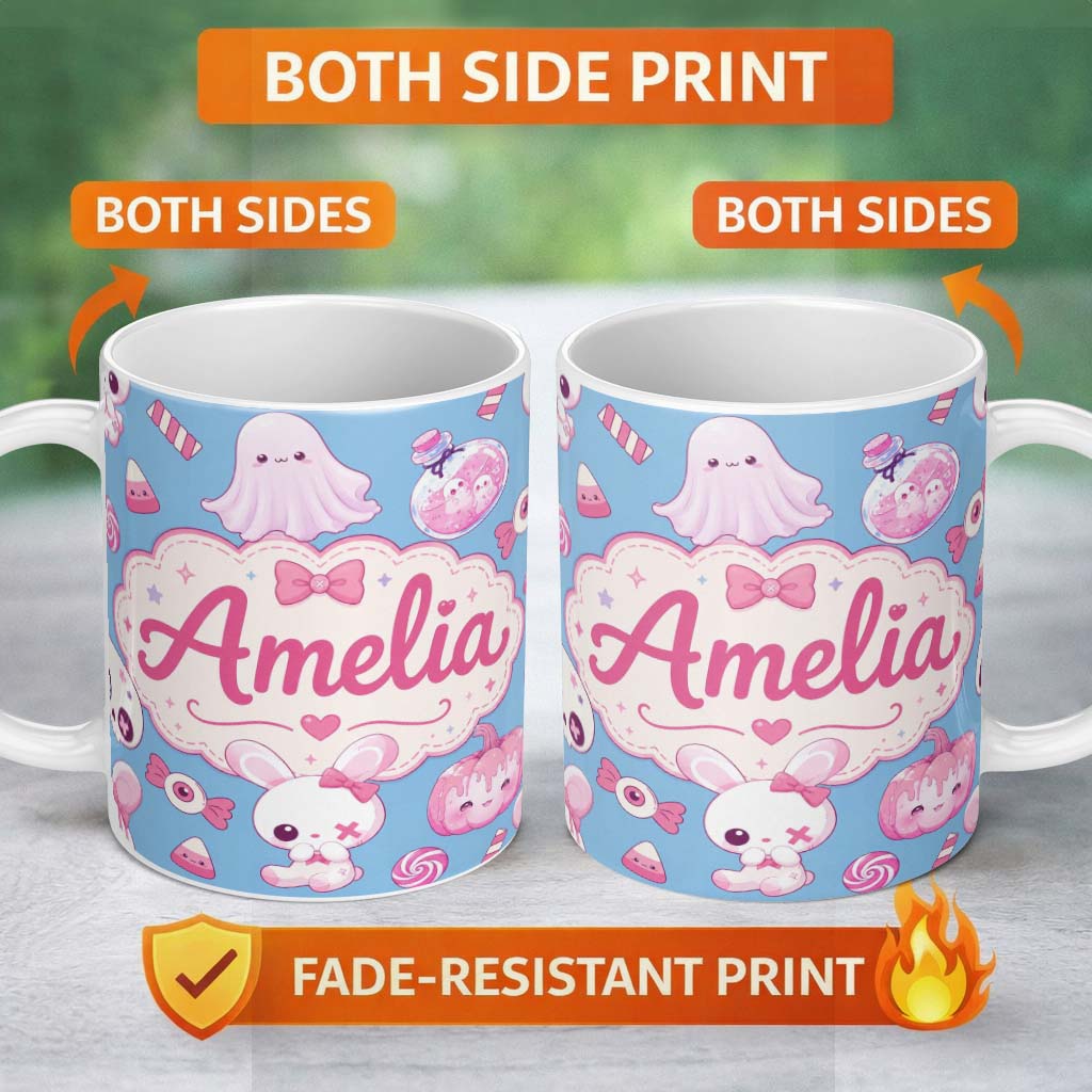 Personalized Custom Name Kawaii Halloween Bunny Ghost Candy Pumpkin Seamless Pattern Blue 11oz Ceramic Coffee Tea Mug White Large Handle