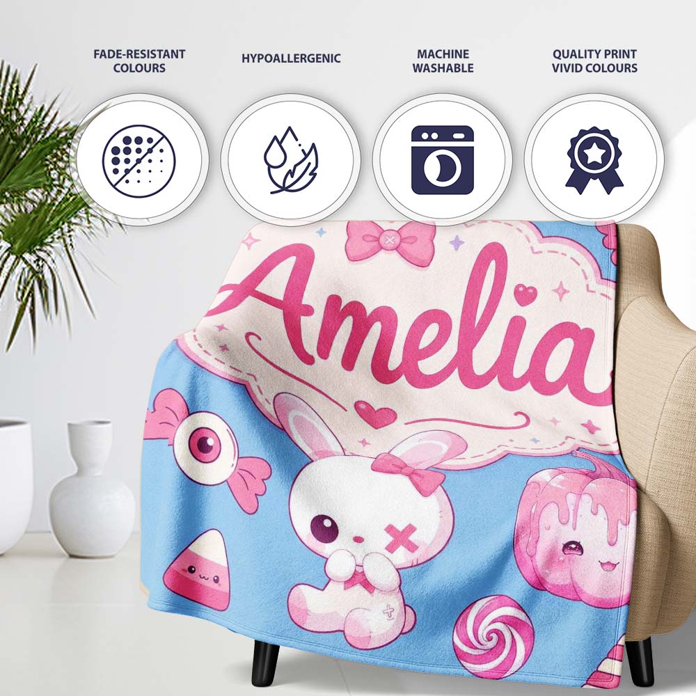 Kawaii Halloween Bunny Ghost Candy Pumpkin Seamless Pattern Blue Personalised Custom Name Super Soft Fleece Blanket Bed Sofa Throw