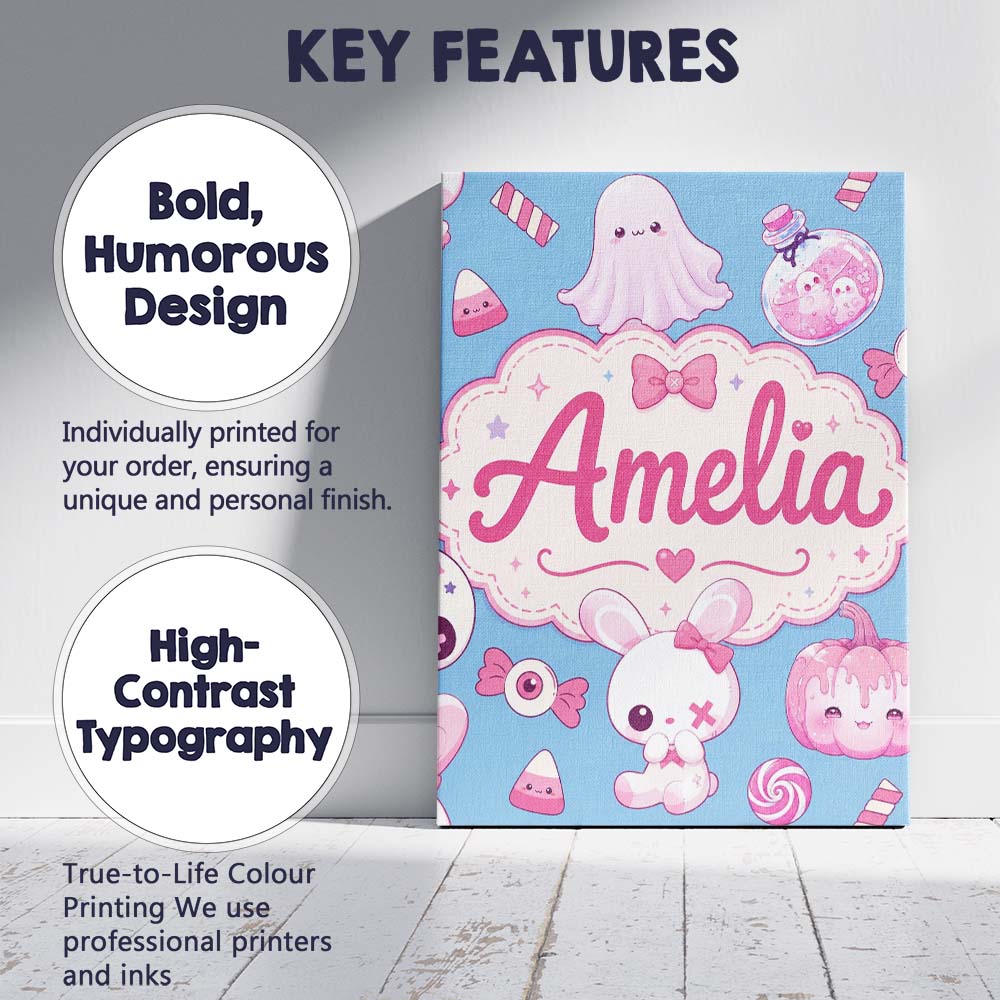 Personalised Name Kawaii Halloween Bunny Custom Unique Gift Idea Elegant Feature Canvas Wall Art Print Decor Picture Ready to Hang