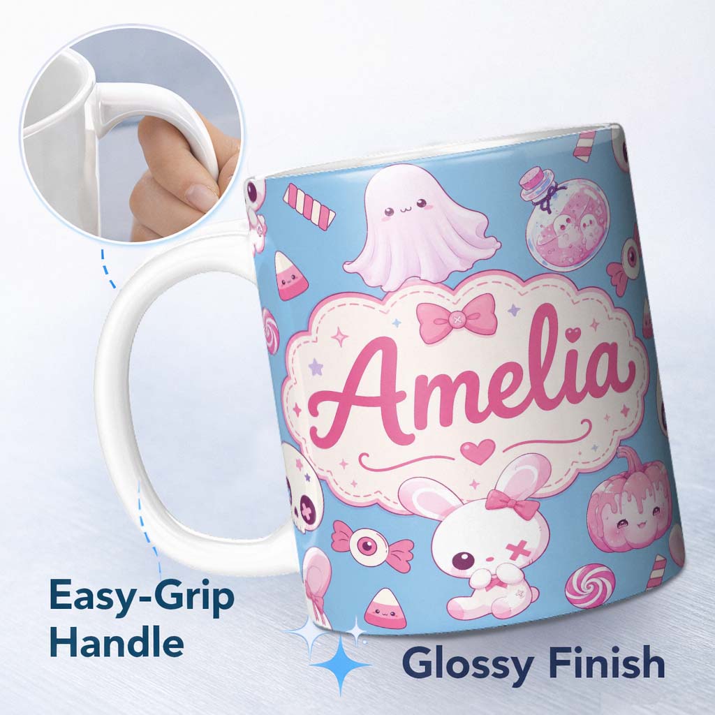 Personalized Custom Name Kawaii Halloween Bunny Ghost Candy Pumpkin Seamless Pattern Blue 11oz Ceramic Coffee Tea Mug White Large Handle