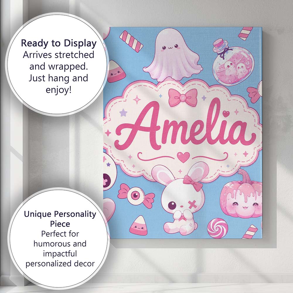 Personalised Name Kawaii Halloween Bunny Custom Unique Gift Idea Elegant Feature Canvas Wall Art Print Decor Picture Ready to Hang
