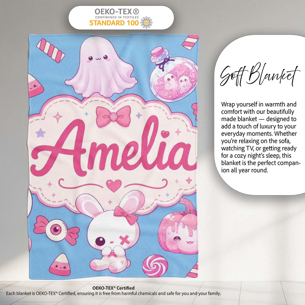 Kawaii Halloween Bunny Ghost Candy Pumpkin Seamless Pattern Blue Personalised Custom Name Super Soft Fleece Blanket Bed Sofa Throw