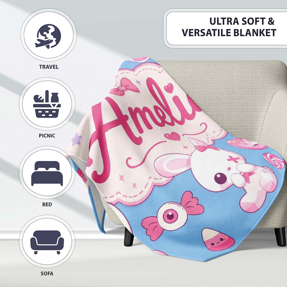 Kawaii Halloween Bunny Ghost Candy Pumpkin Seamless Pattern Blue Personalised Custom Name Super Soft Fleece Blanket Bed Sofa Throw