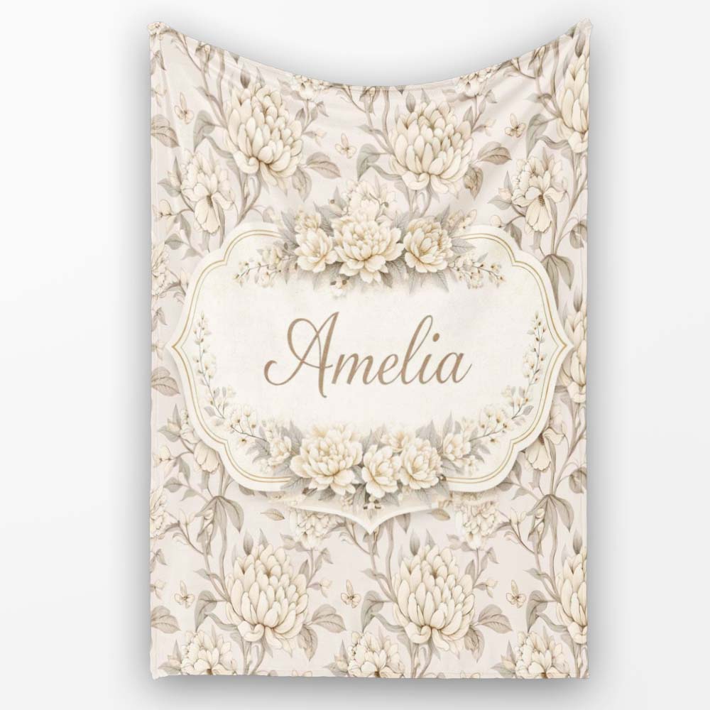 Neutral Beige Vintage Floral Botanical Seamless Pattern Lovely Personalised Custom Name Super Soft Fleece Blanket Bed Sofa Throw