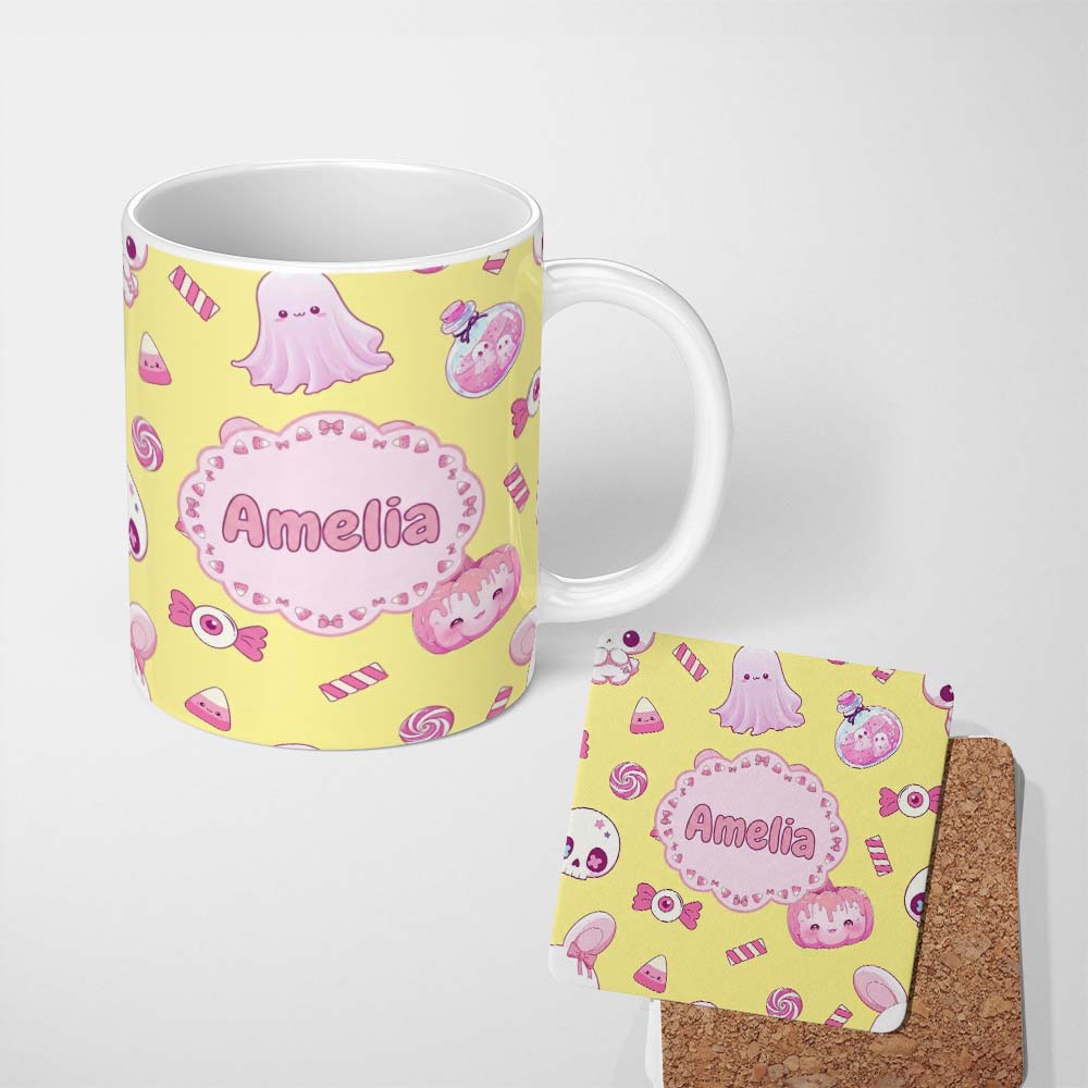 Personalized Custom Name Kawaii Halloween Bunny Ghost Candy Pumpkin Seamless Pattern Yellow 11oz Ceramic Coffee Tea Mug White Large Handle