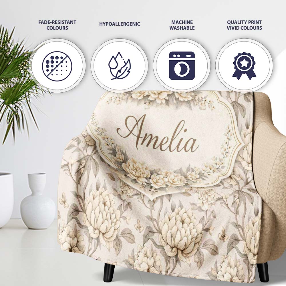 Neutral Beige Vintage Floral Botanical Seamless Pattern Lovely Personalised Custom Name Super Soft Fleece Blanket Bed Sofa Throw