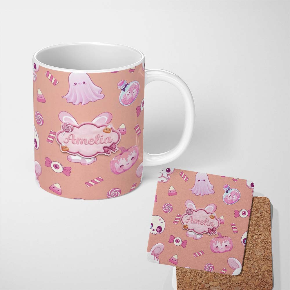 Personalized Custom Name Kawaii Halloween Bunny Ghost Candy Pumpkin Seamless Pattern Peach 11oz Ceramic Coffee Tea Mug White Large Handle