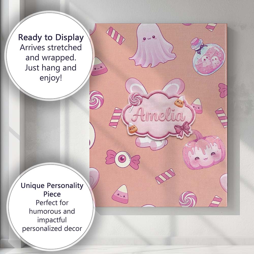 Personalised Name Kawaii Halloween Bunny Custom Unique Gift Idea Elegant Feature Canvas Wall Art Print Decor Picture Ready to Hang