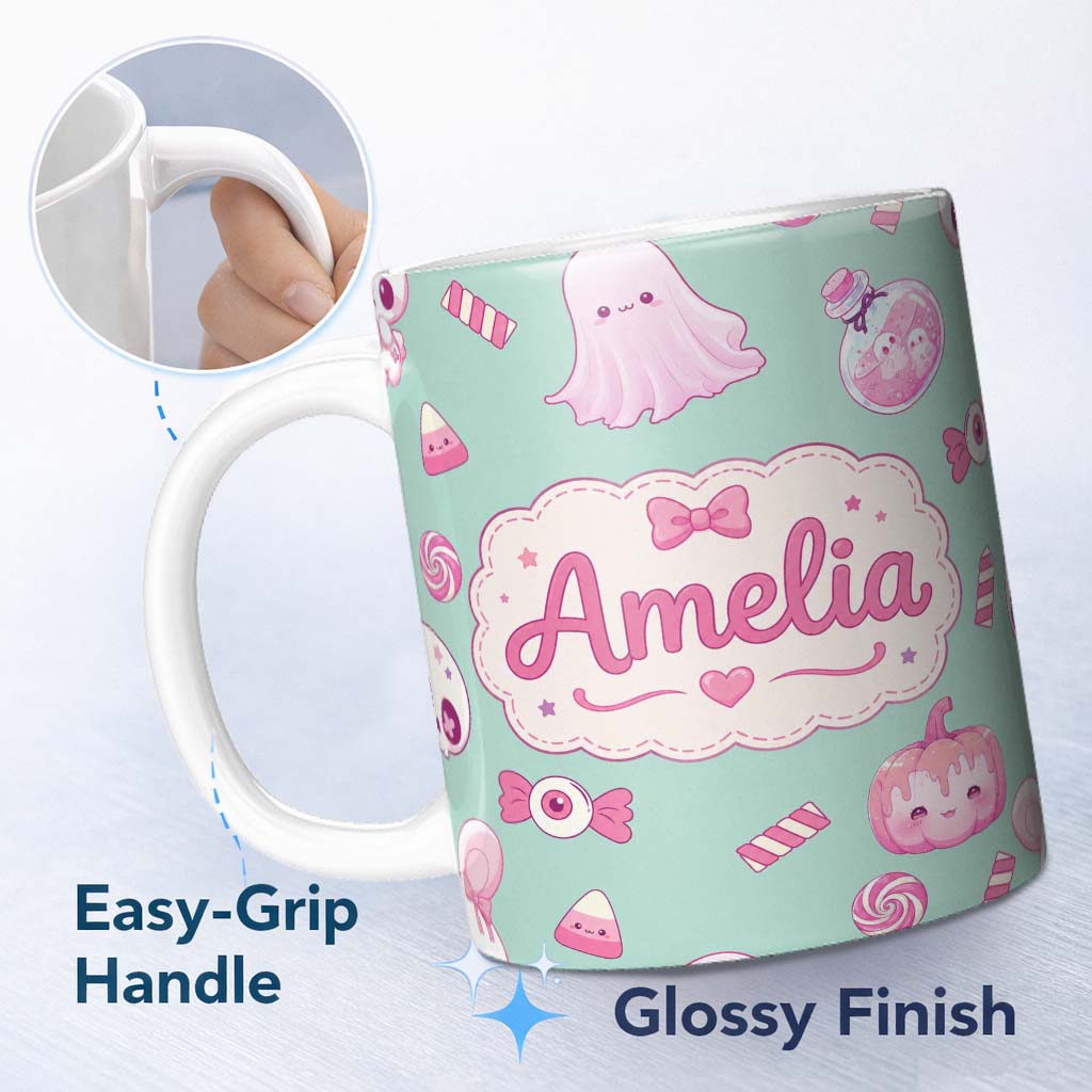 Personalized Custom Name Kawaii Halloween Bunny Ghost Candy Pumpkin Seamless Pattern Teal 11oz Ceramic Coffee Tea Mug White Large Handle