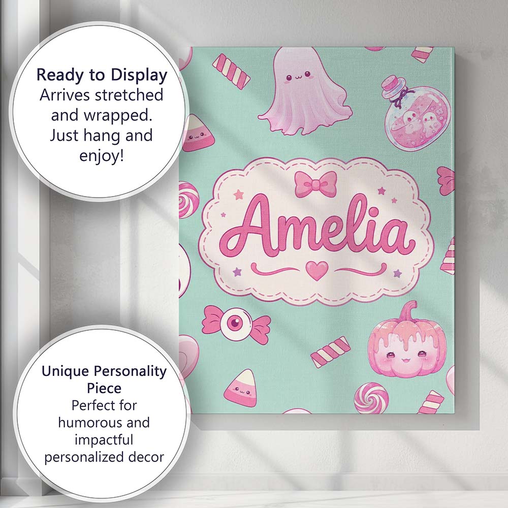 Personalised Name Kawaii Halloween Bunny Custom Unique Gift Idea Elegant Feature Canvas Wall Art Print Decor Picture Ready to Hang