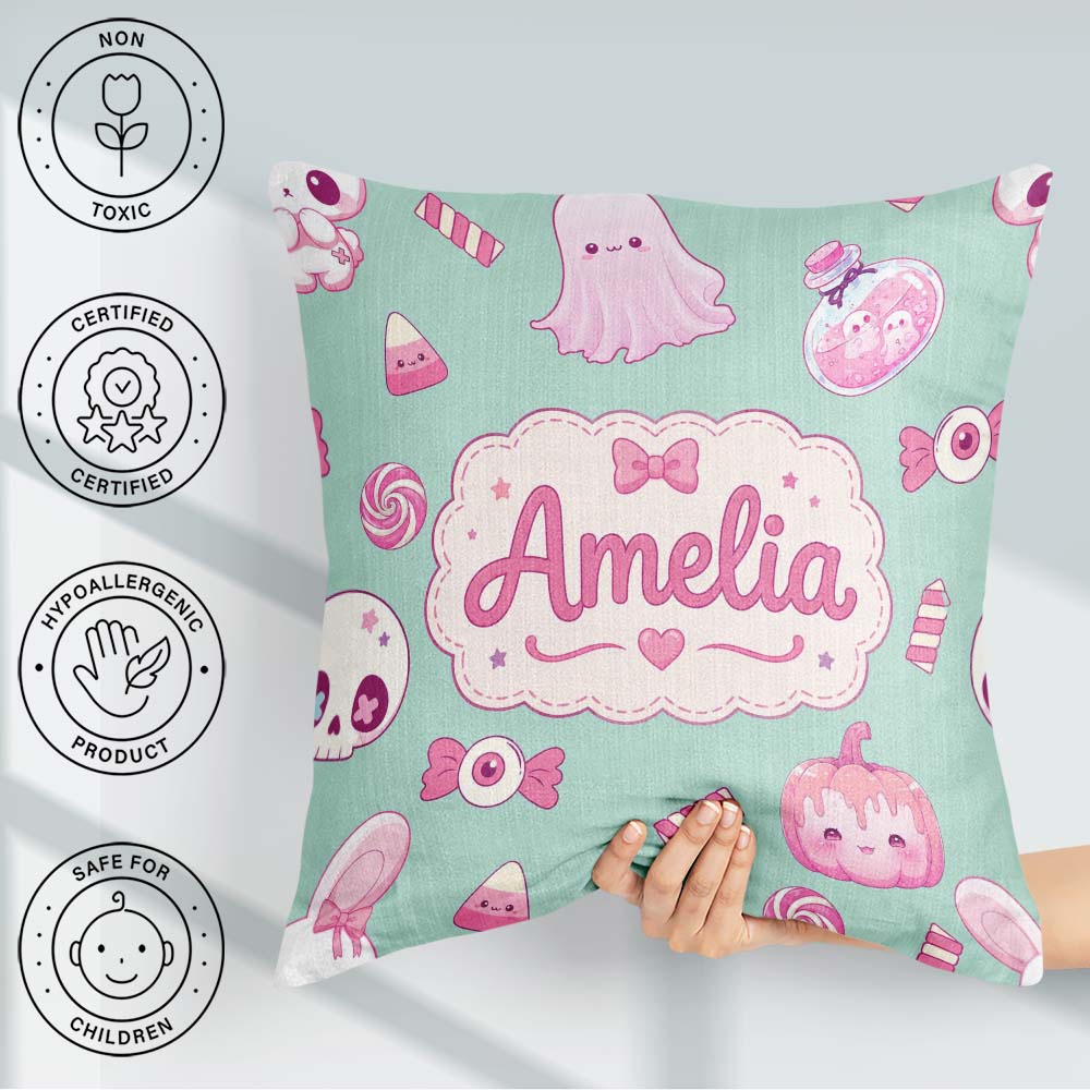Custom Name Halloween Bunny Ghost Candy Pumpkin Seamless Pattern Square Filled Cushion Throw Pillow Sofa Bed Home Decor Zip Washable UK Made