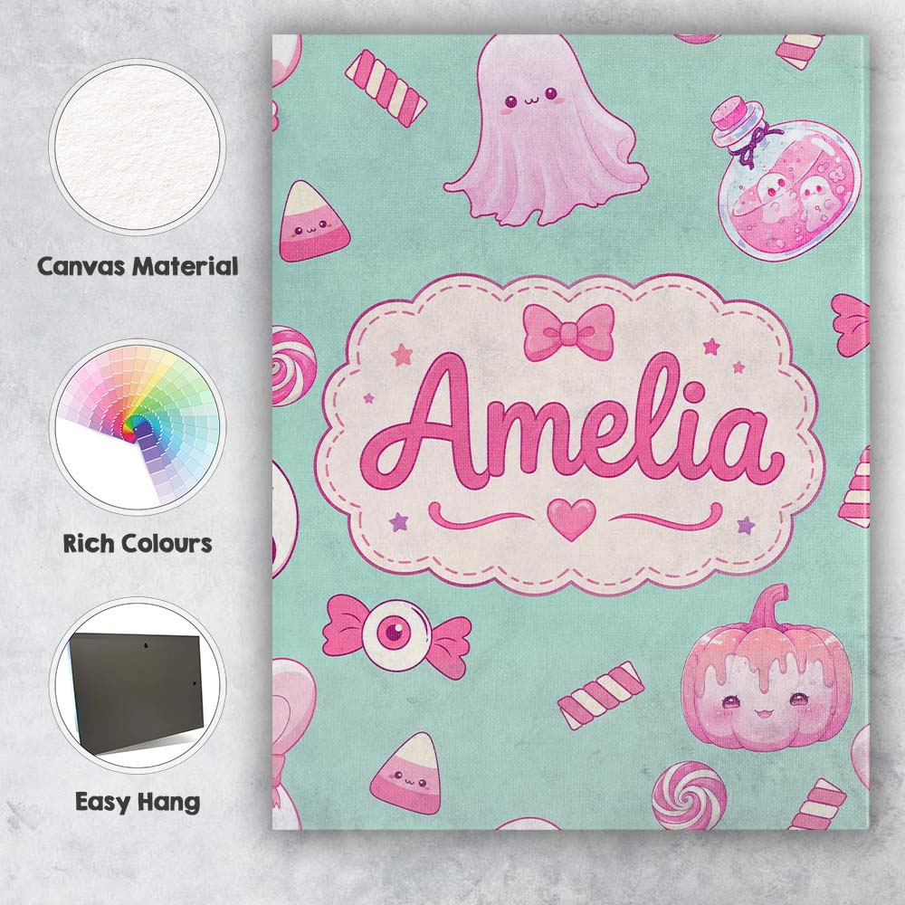 Personalised Name Kawaii Halloween Bunny Custom Unique Gift Idea Elegant Feature Canvas Wall Art Print Decor Picture Ready to Hang