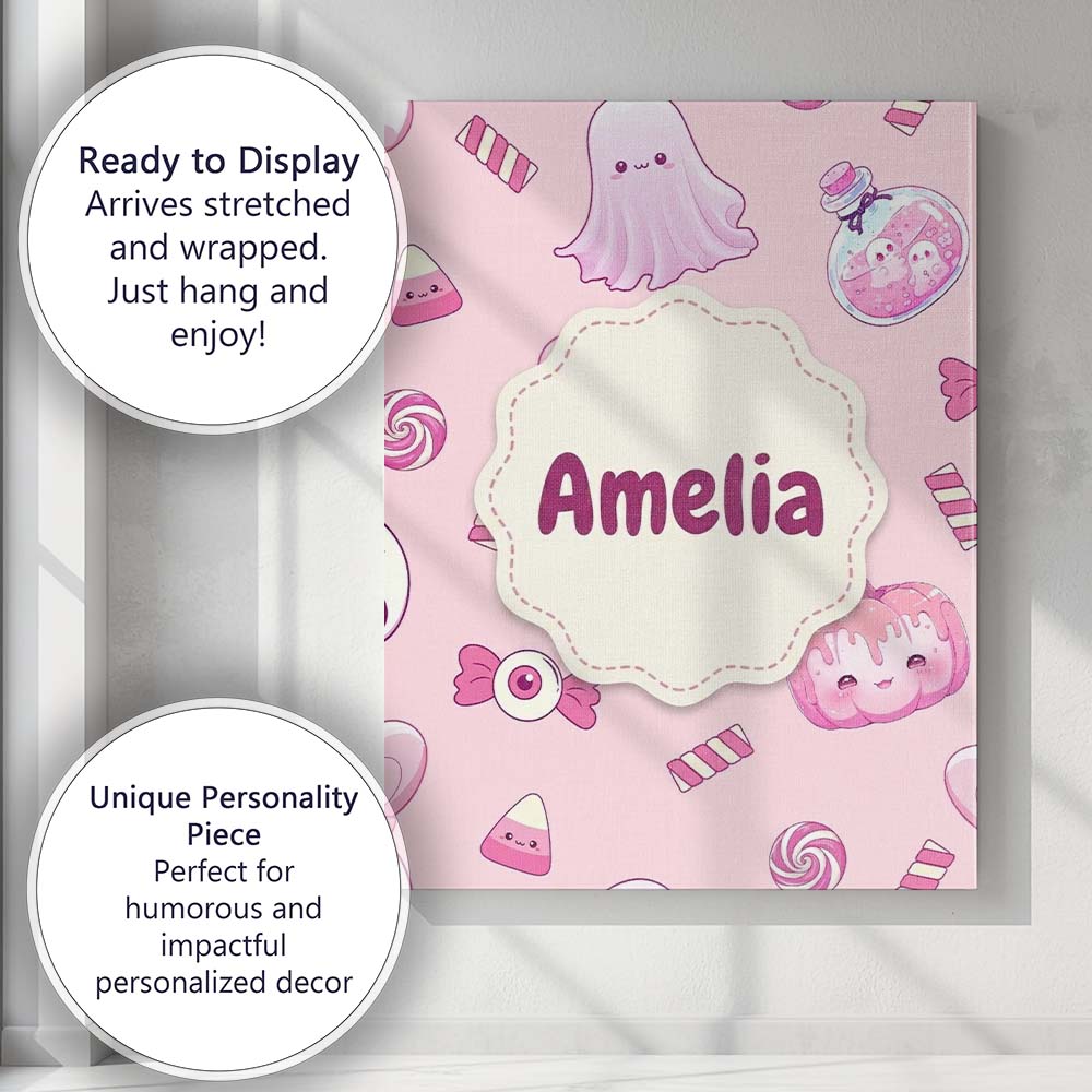 Personalised Name Kawaii Halloween Bunny Custom Unique Gift Idea Elegant Feature Canvas Wall Art Print Decor Picture Ready to Hang