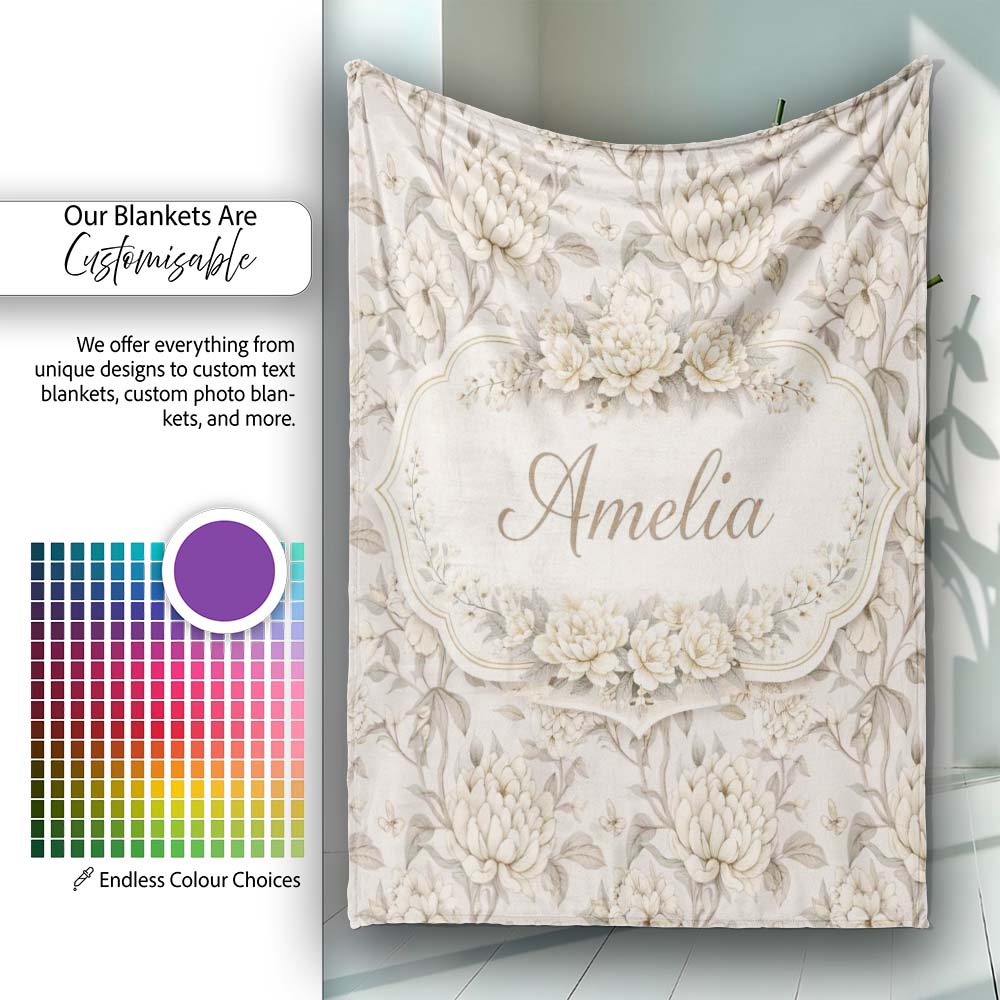 Neutral Beige Vintage Floral Botanical Seamless Pattern Lovely Personalised Custom Name Super Soft Fleece Blanket Bed Sofa Throw