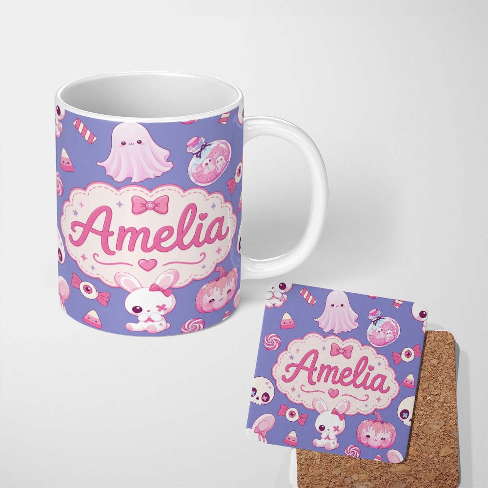 Personalized Custom Name Kawaii Halloween Bunny Ghost Candy Pumpkin Seamless Pattern Purple 11oz Ceramic Coffee Tea Mug White Large Handle