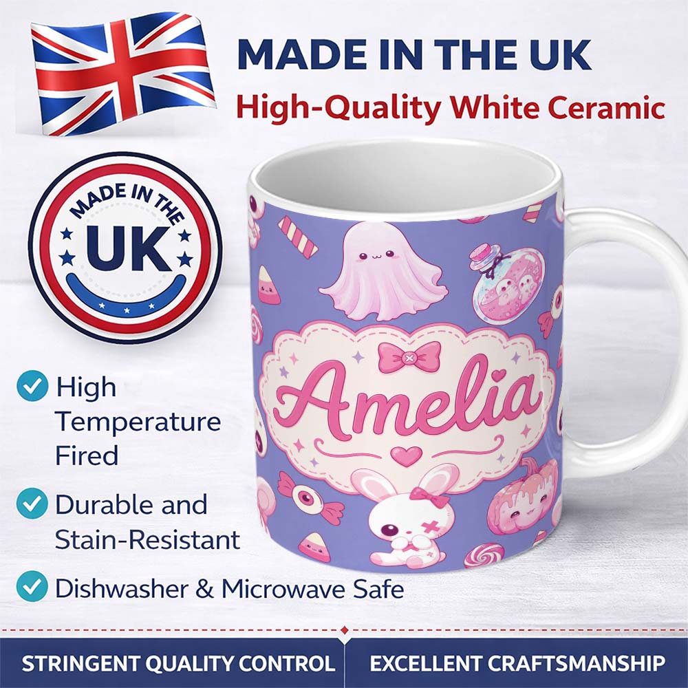 Personalized Custom Name Kawaii Halloween Bunny Ghost Candy Pumpkin Seamless Pattern Purple 11oz Ceramic Coffee Tea Mug White Large Handle