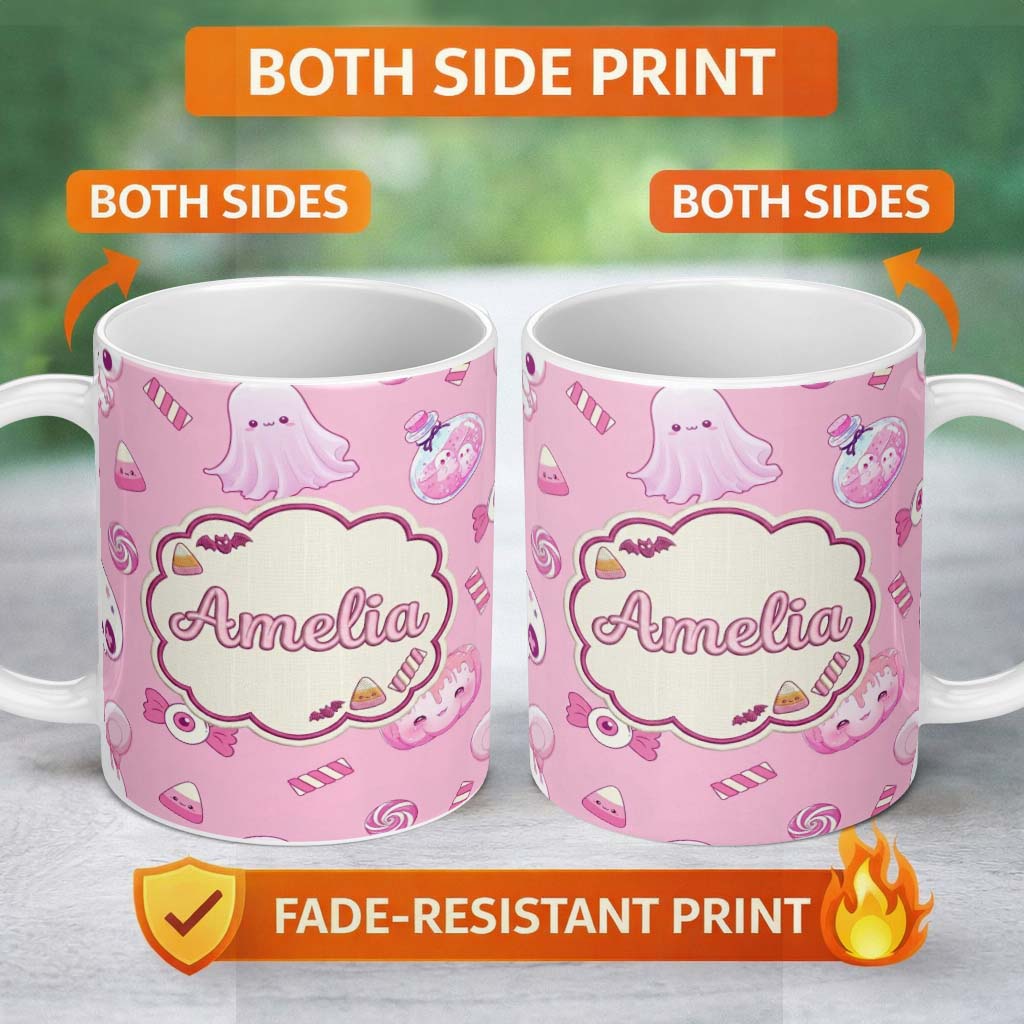Personalized Custom Name Kawaii Halloween Bunny Ghost Candy Pumpkin Seamless Pattern Pink 11oz Ceramic Coffee Tea Mug White Large Handle