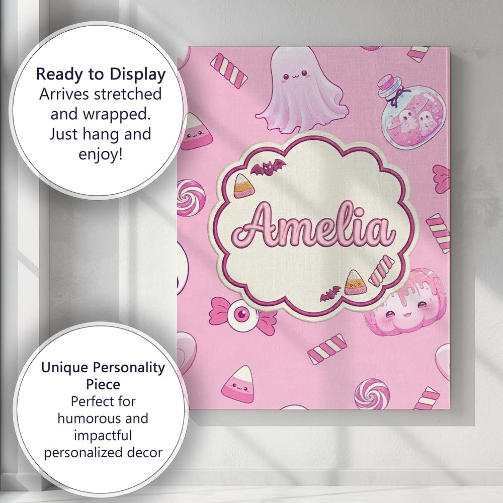 Personalised Name Kawaii Halloween Bunny Custom Unique Gift Idea Elegant Feature Canvas Wall Art Print Decor Picture Ready to Hang