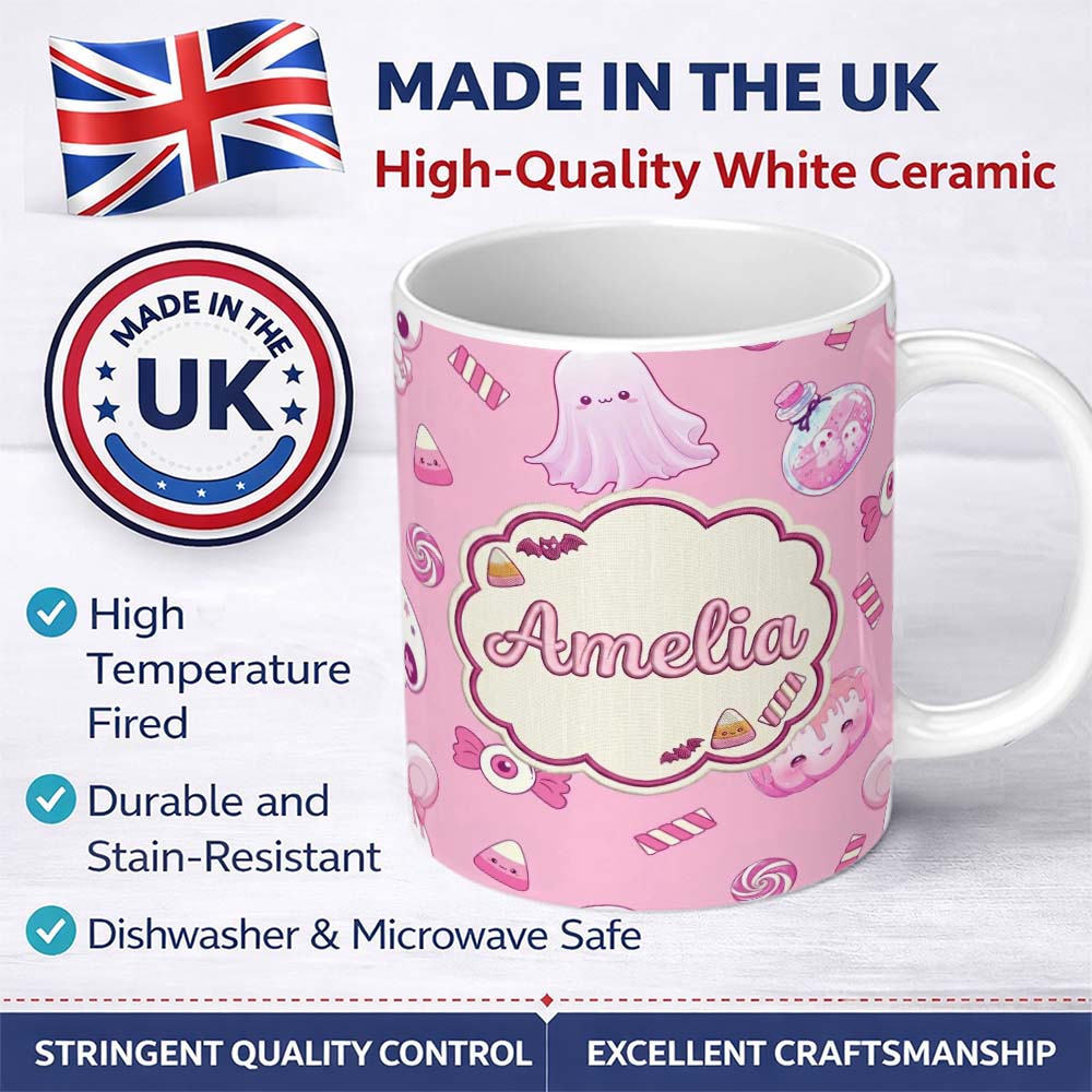 Personalized Custom Name Kawaii Halloween Bunny Ghost Candy Pumpkin Seamless Pattern Pink 11oz Ceramic Coffee Tea Mug White Large Handle