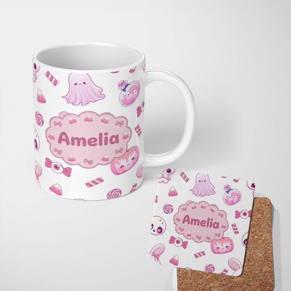 Personalized Custom Name Kawaii Halloween Bunny Ghost Candy Pumpkin Seamless Pattern Grey 11oz Ceramic Coffee Tea Mug White Large Handle