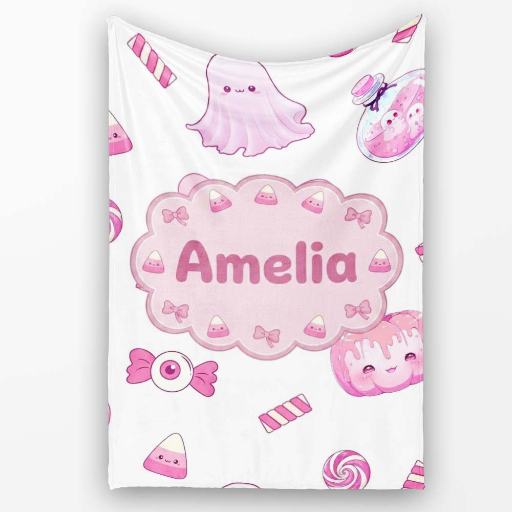 Kawaii Halloween Bunny Ghost Candy Pumpkin Seamless Pattern Grey Personalised Custom Name Super Soft Fleece Blanket Bed Sofa Throw