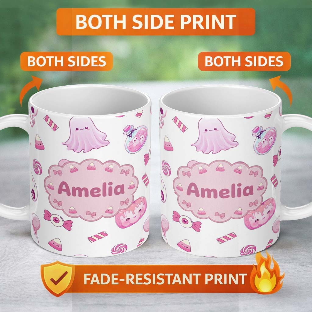 Personalized Custom Name Kawaii Halloween Bunny Ghost Candy Pumpkin Seamless Pattern Grey 11oz Ceramic Coffee Tea Mug White Large Handle