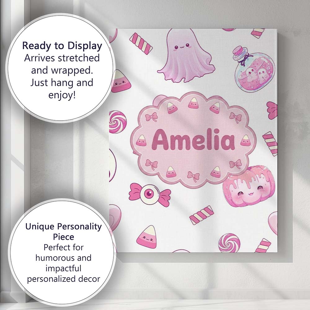 Personalised Name Kawaii Halloween Bunny Custom Unique Gift Idea Elegant Feature Canvas Wall Art Print Decor Picture Ready to Hang