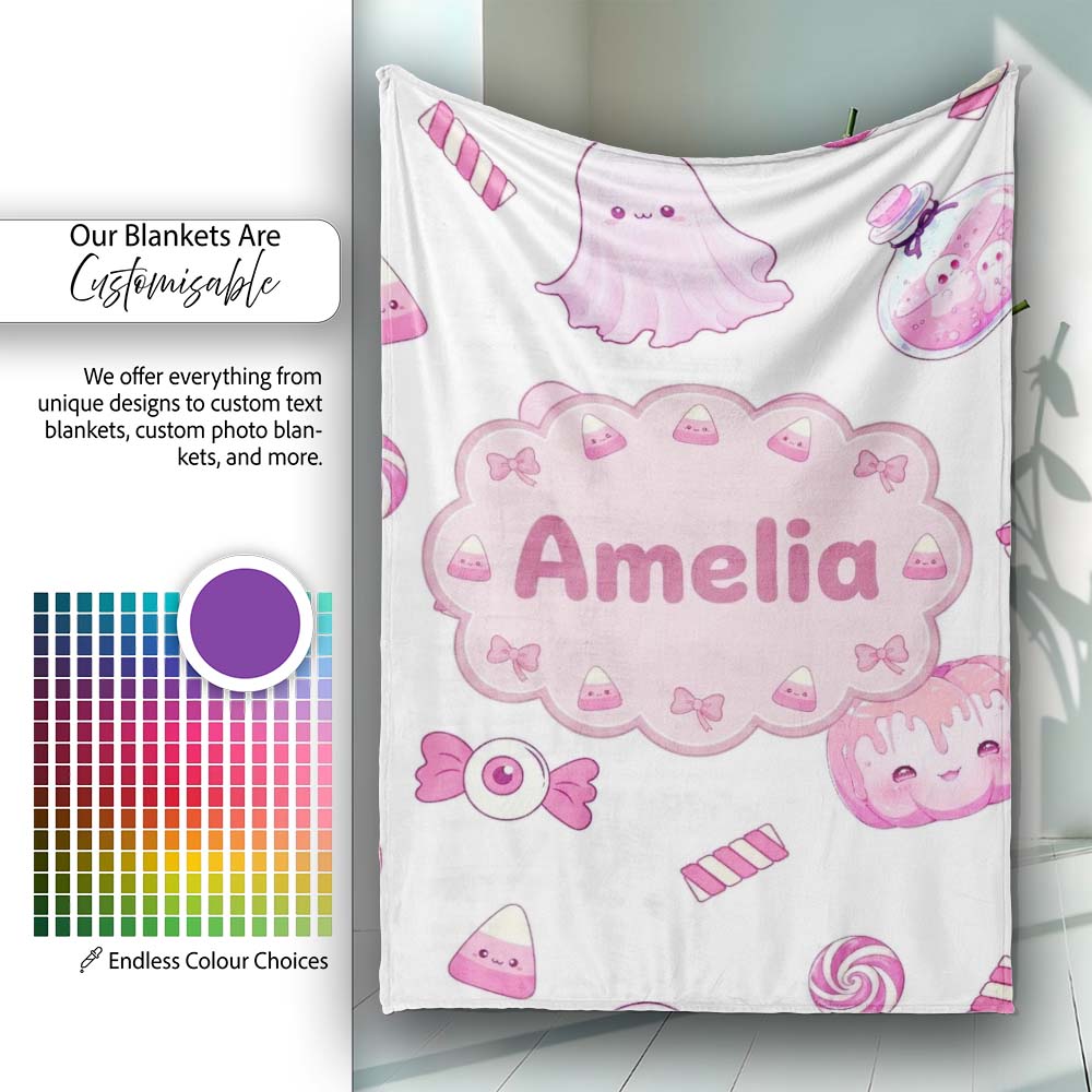 Kawaii Halloween Bunny Ghost Candy Pumpkin Seamless Pattern Grey Personalised Custom Name Super Soft Fleece Blanket Bed Sofa Throw