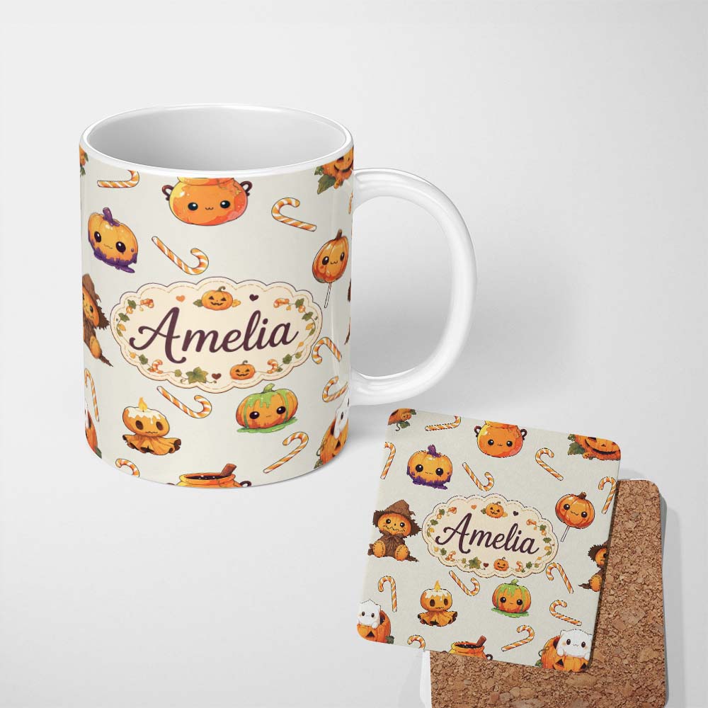 Personalized Custom Name Cute Kawaii Halloween Pumpkin Witch Candy Seamless Pattern Cream 11oz Ceramic Coffee Tea Mug White Large Handle