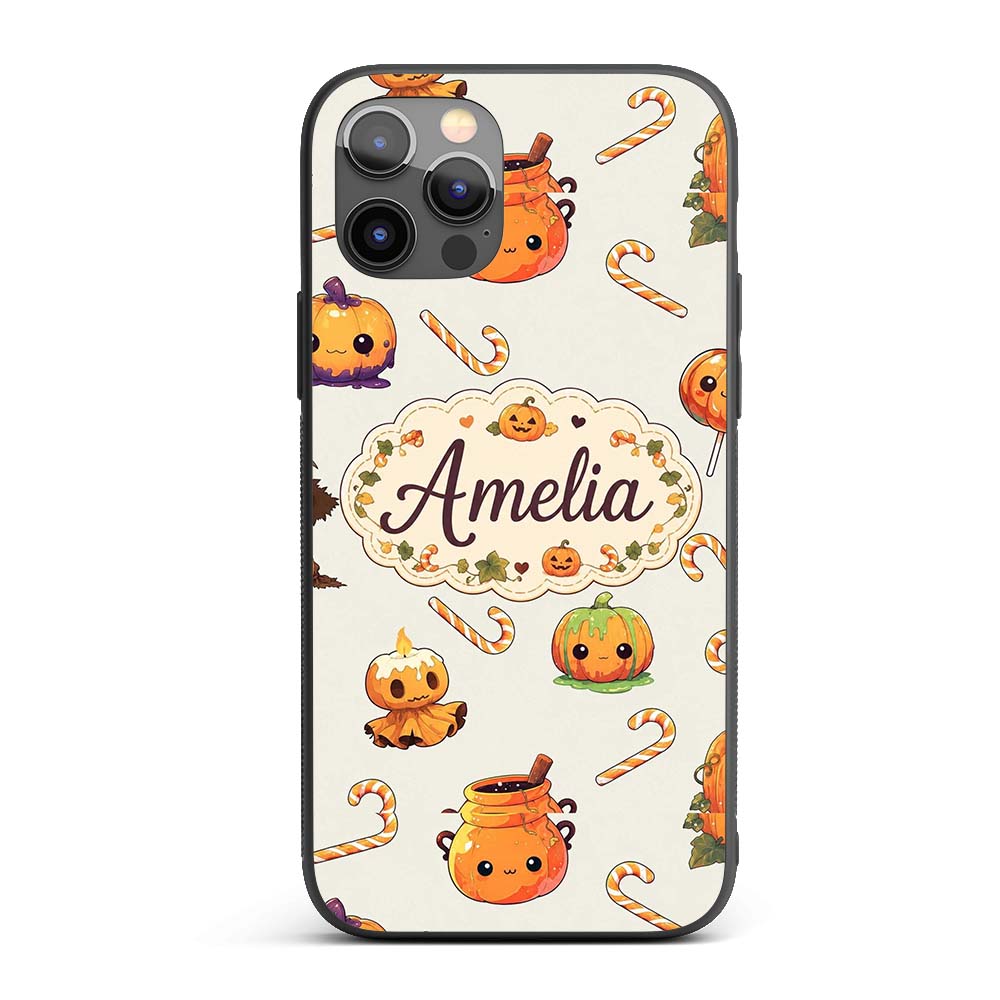 Cute Kawaii Halloween Pumpkin Printed Design Custom Name Protective Phone Case Mobile Cover Durable Everyday Smartphone Shock Resistant