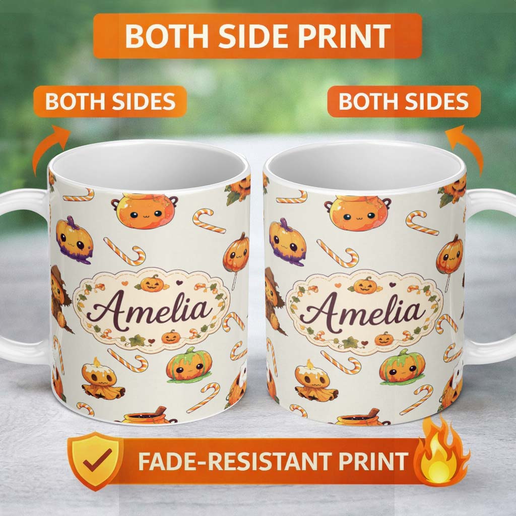 Personalized Custom Name Cute Kawaii Halloween Pumpkin Witch Candy Seamless Pattern Cream 11oz Ceramic Coffee Tea Mug White Large Handle
