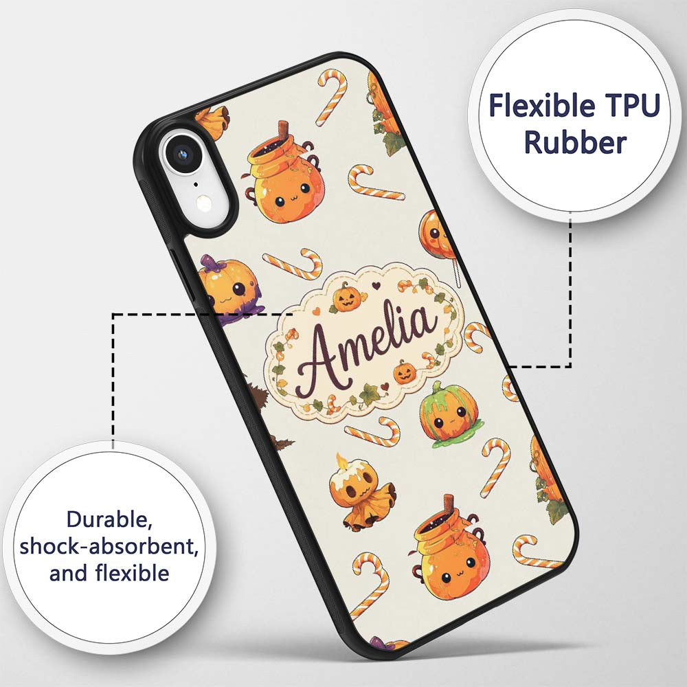 Cute Kawaii Halloween Pumpkin Printed Design Custom Name Protective Phone Case Mobile Cover Durable Everyday Smartphone Shock Resistant
