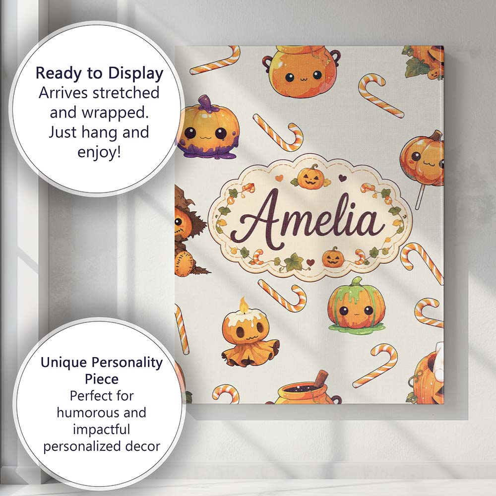 Personalised Name Cute Kawaii Halloween Custom Modern Room Accent Elegant Feature Canvas Wall Art Print Decor Picture Ready to Hang