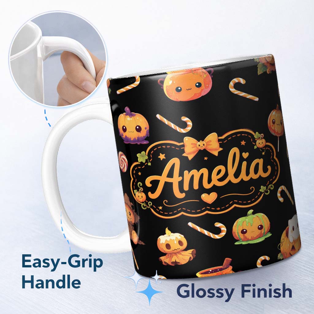 Personalized Custom Name Cute Kawaii Halloween Pumpkin Witch Candy Seamless Pattern Black 11oz Ceramic Coffee Tea Mug White Large Handle